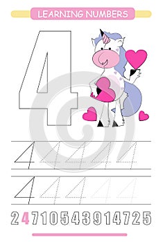 Funny children flashcard number four. Unicorn with hearts learning to count and to write. Coloring printable worksheet for kinderg